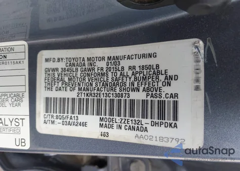 2003 Toyota Matrix Standard from USA, damaged, VIN 2T1KR32E13C130873